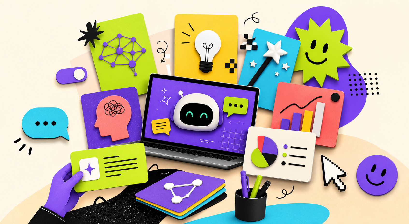 Ilustracao colorida sobre cursos de IA e prompts